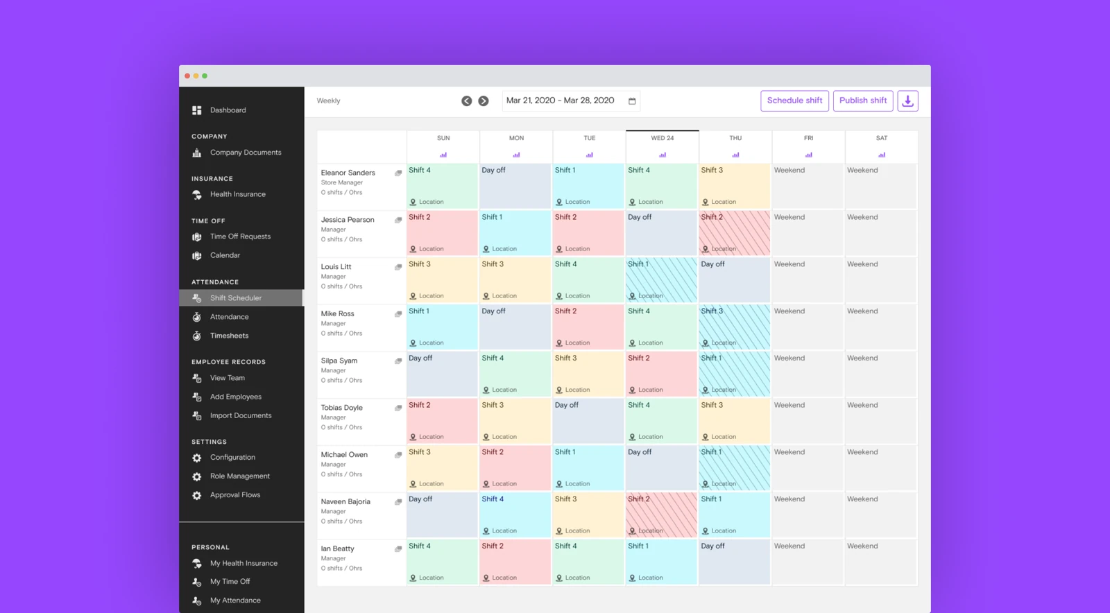A Bayzat shift schedule showing employees and shifts across a week.