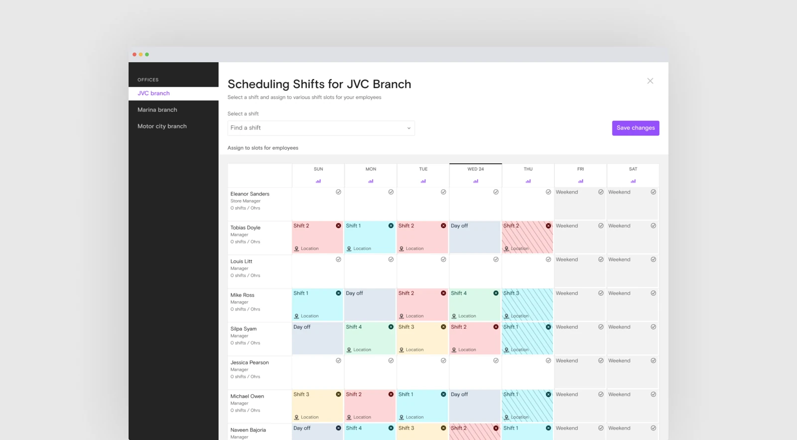 Bayzat shift assignment view with an employee calendar.