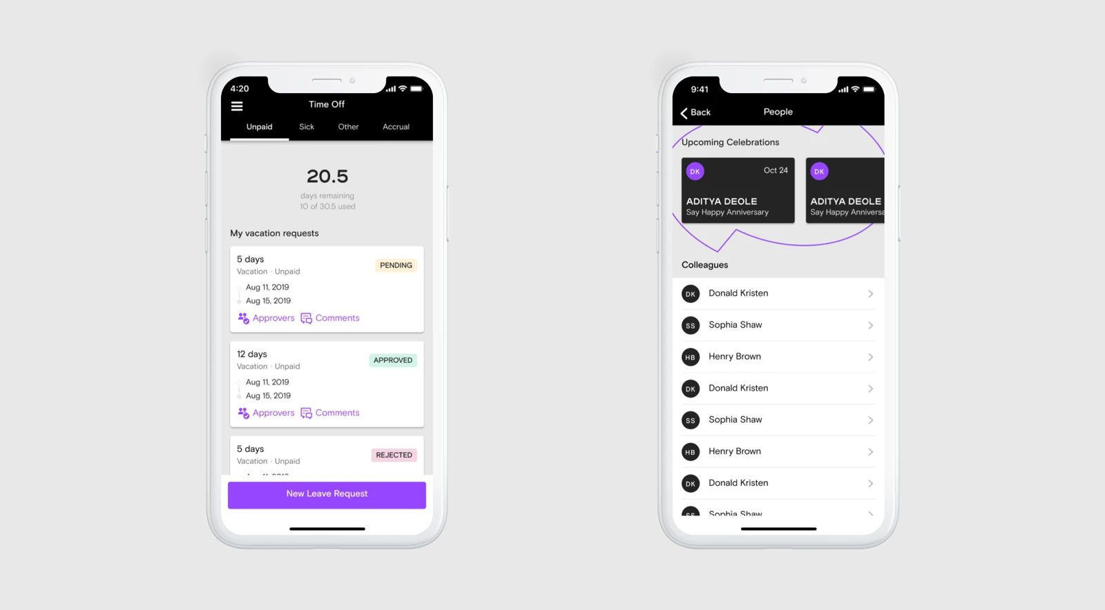 Bayzat leave balance and time-off category selection.