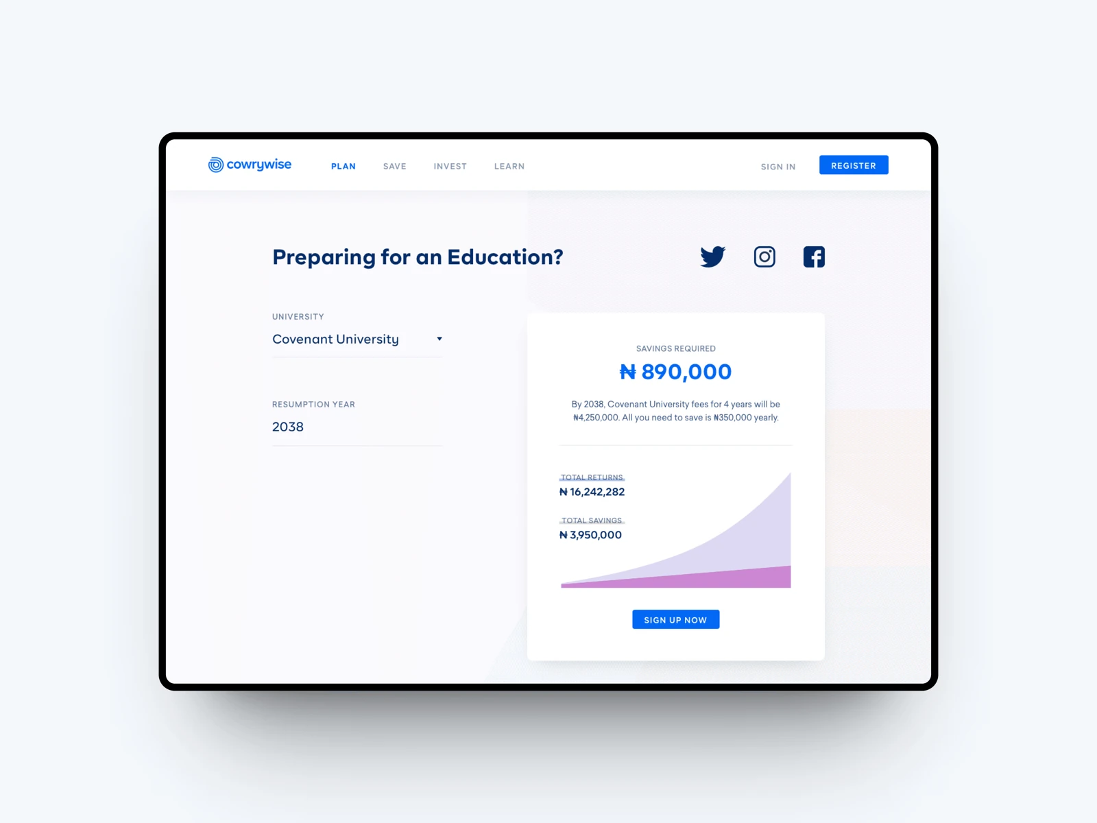 Cowrywise education savings calculator with a projected cost and monthly contribution.