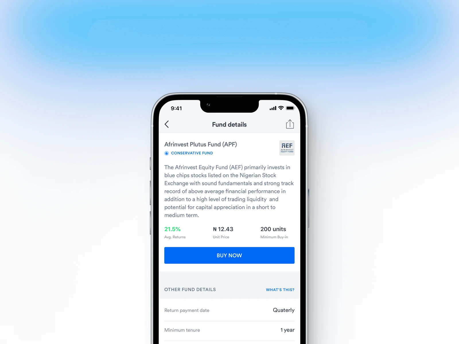 Cowrywise fund details with the yield, minimum investment and buy action.