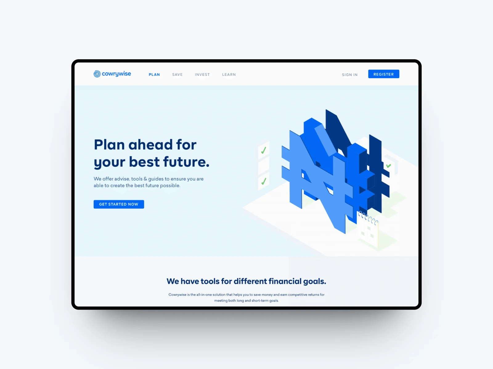 Cowrywise Plan landing page with a blue illustration and financial planning tools.