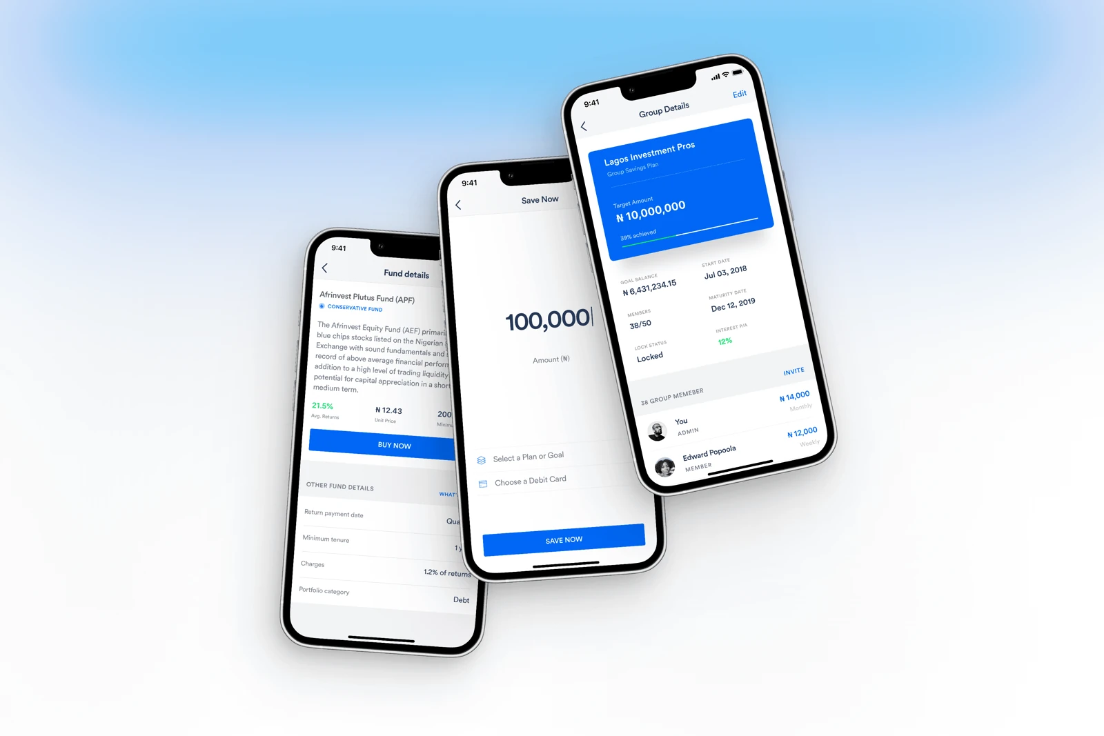Cowrywise savings balance, savings history and a one-time savings amount on three phones.