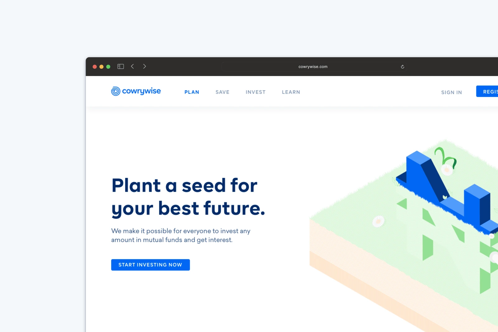 Cowrywise website, Plan a seed for your best future, with a blue and green illustration.