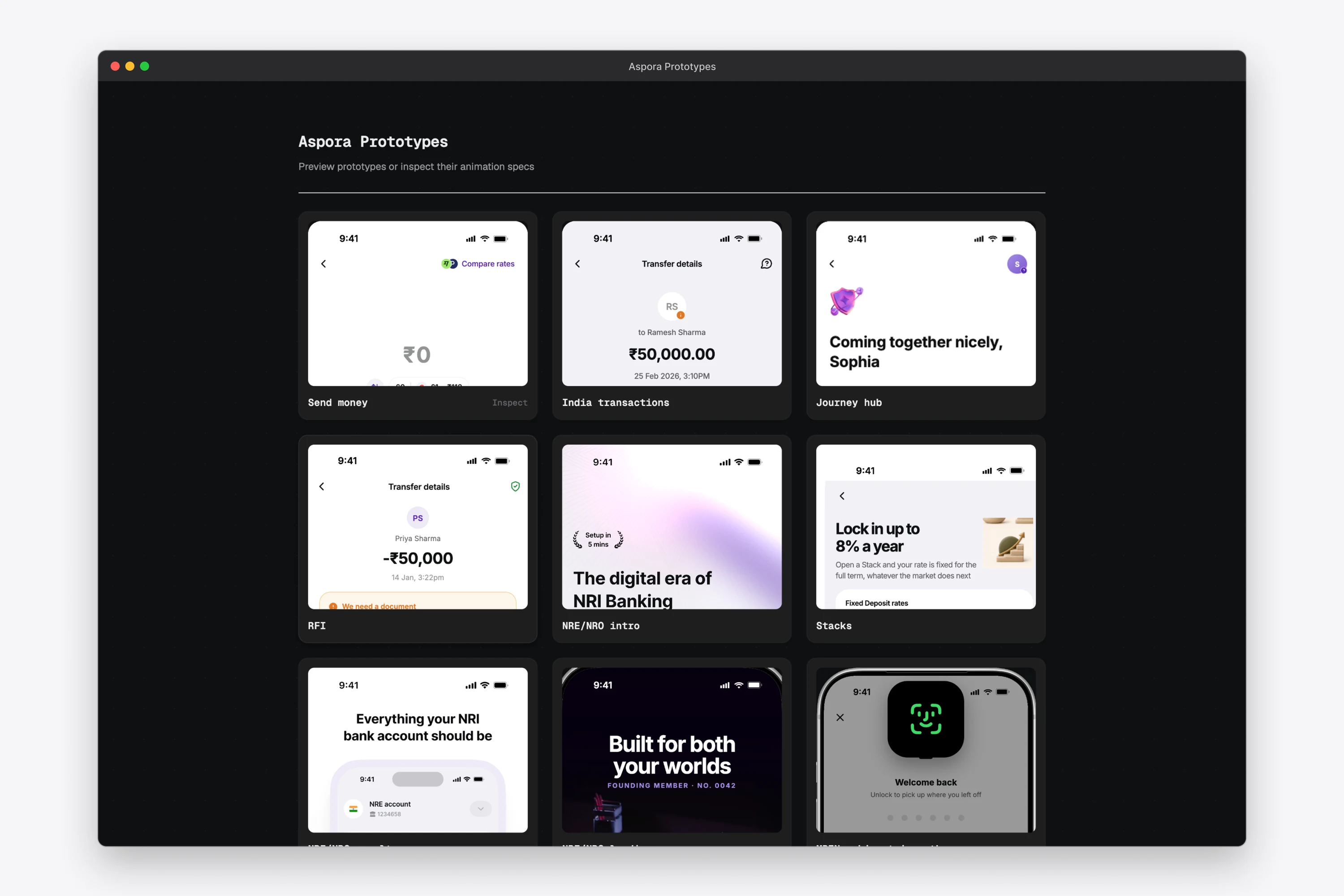 The Aspora Prototypes gallery: a grid of app prototypes, from sending money and transfer details to account onboarding and Face ID sign-in.