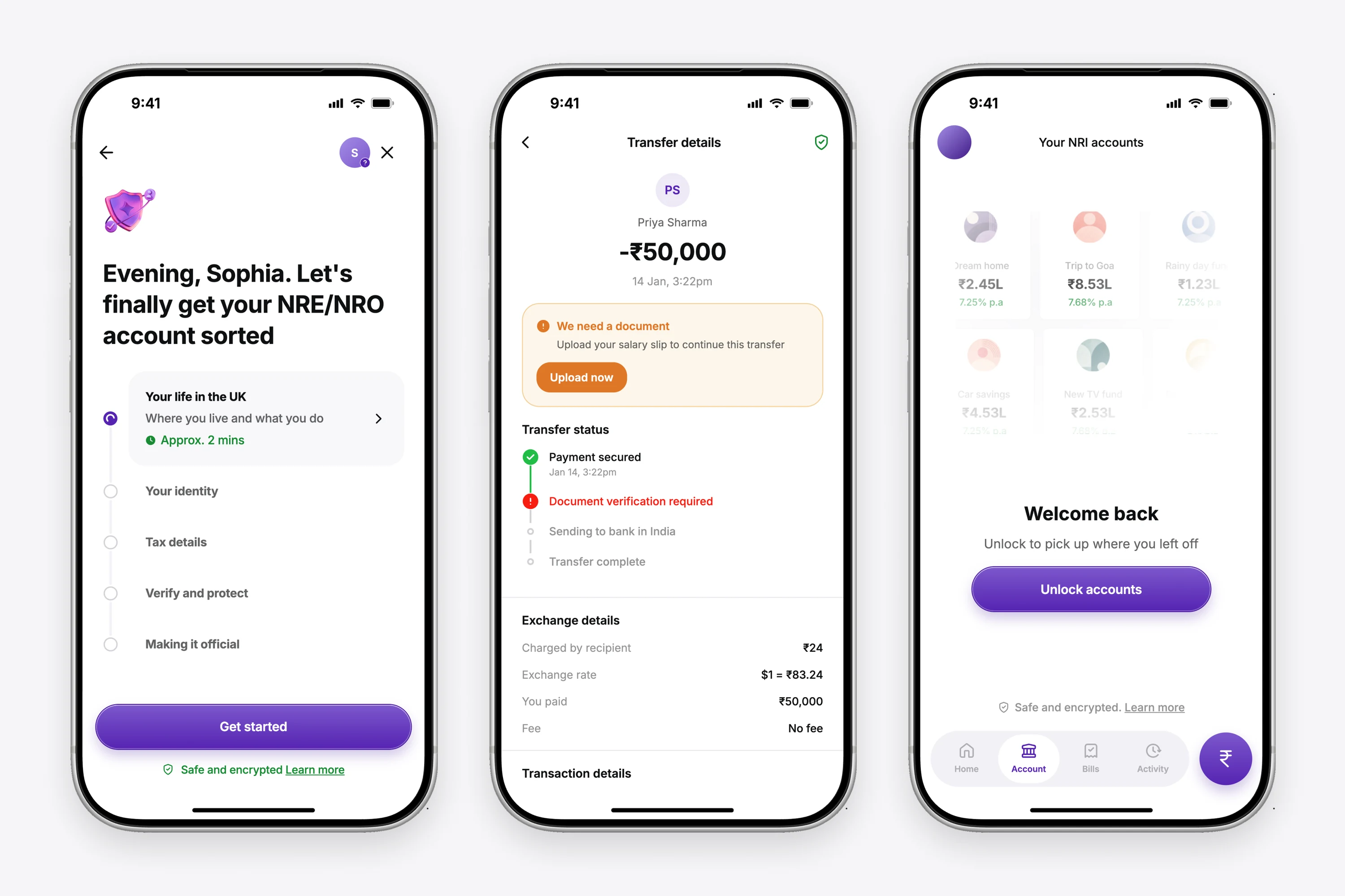 Three prototypes on phones: an account onboarding journey, a transfer waiting on a document, and Face ID sign-in to accounts.