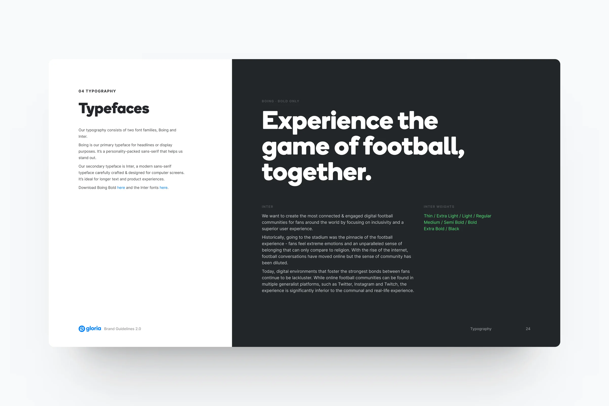 Gloria brand guidelines: Boing set as “Experience the game of football, together.”